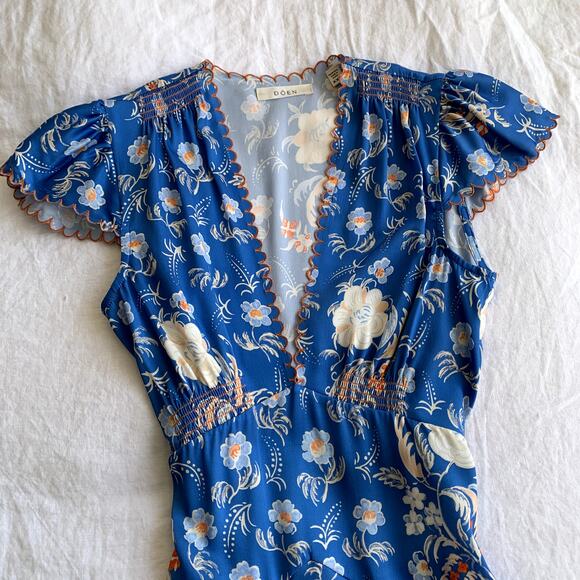 Doen Dianne Silk V Neck Puff Short Sleeve Mini Dress Blue Azure Hollyhock Hills - Picture 10 of 16